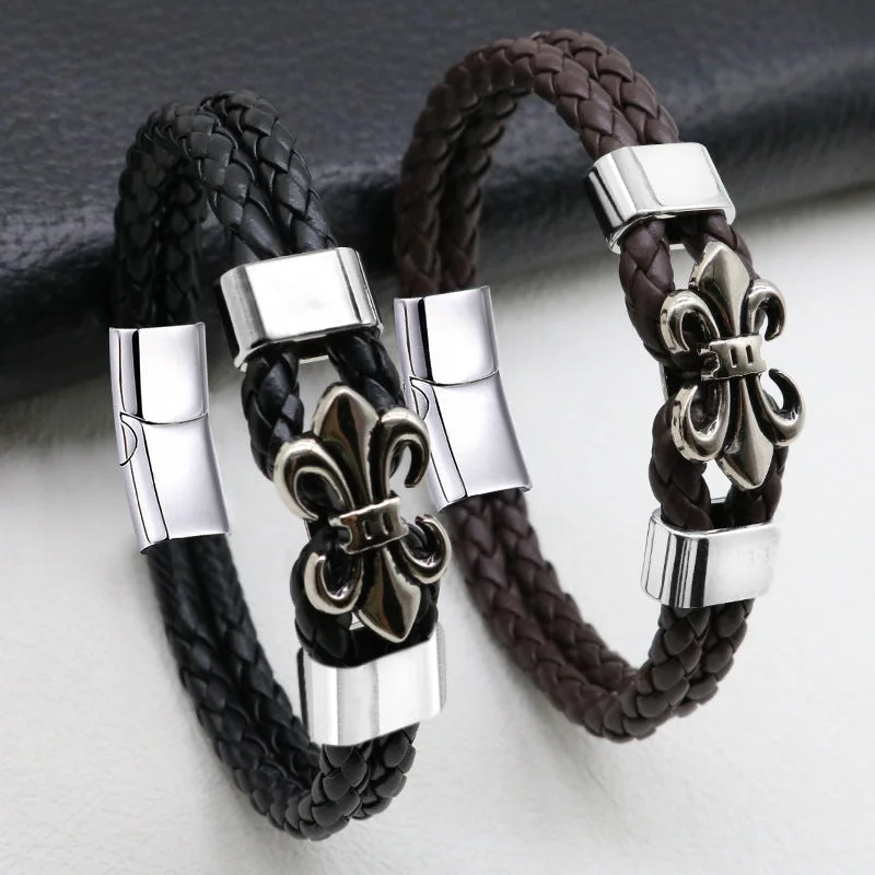 Wholesale Men's Leather Magnetic Buckle Woven Bracelets