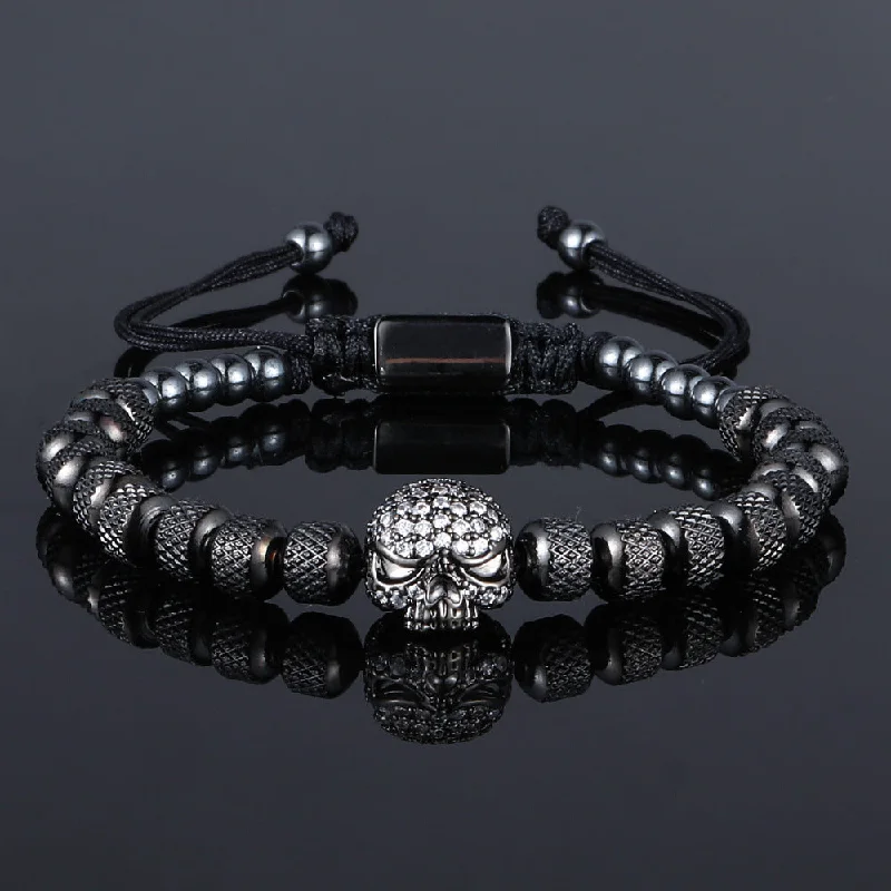 Wholesale Stainless Steel 6mm Pineapple Beads Braided Skull Bracelet