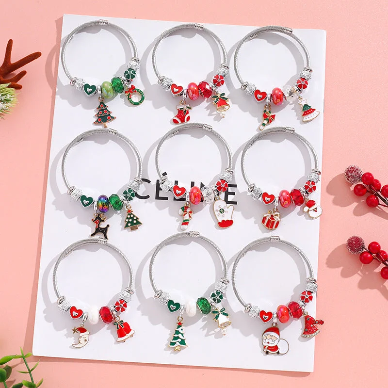 Wholesale Stainless Steel Christmas Tree Elk Snowflake Alloy Charm Beaded Bracelet