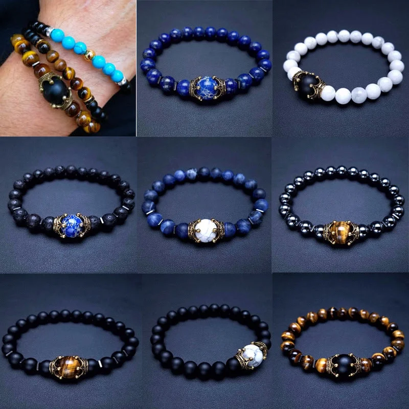 Wholesale Tiger Eye Frosted Crown Beaded Elastic Men's Bracelet