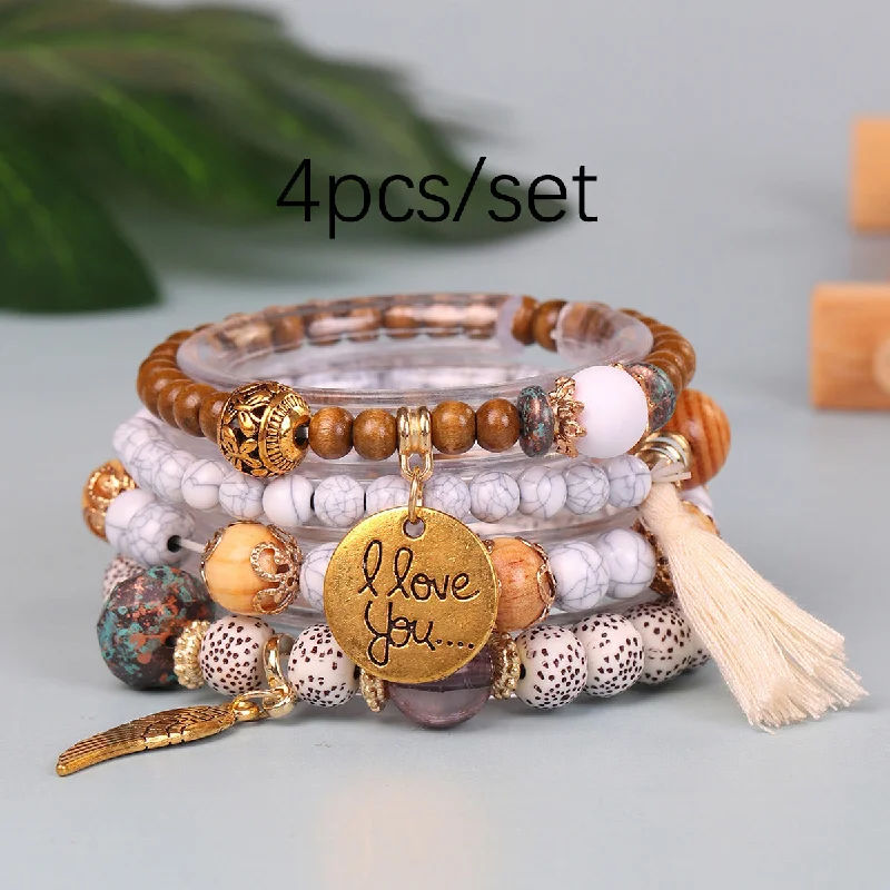 Wholesale Wing Wood Bead Tassel Elastic Bracelet