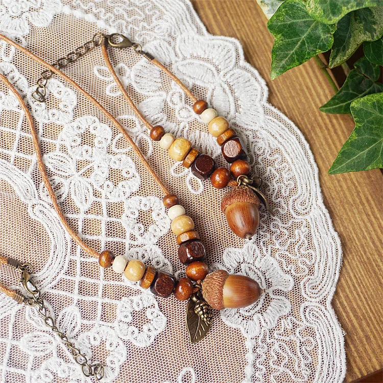 Wholesale Wooden Art All-match Creative Handmade Vintage Acorn Bracelet Necklace