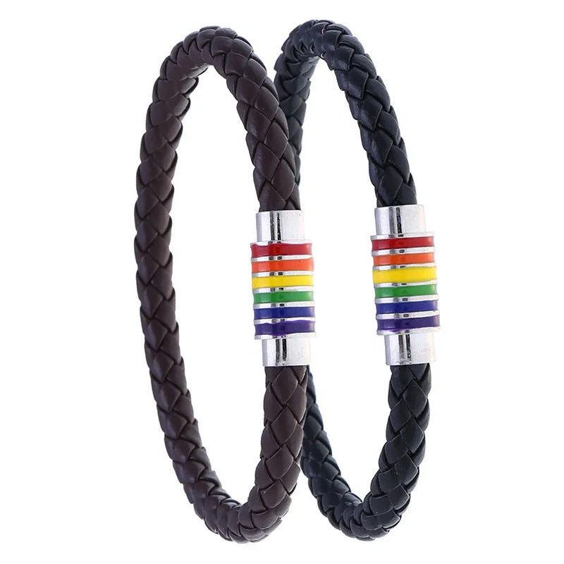 Wholesale Woven Rainbow Copper Magnet Buckle PU Leather Bracelet