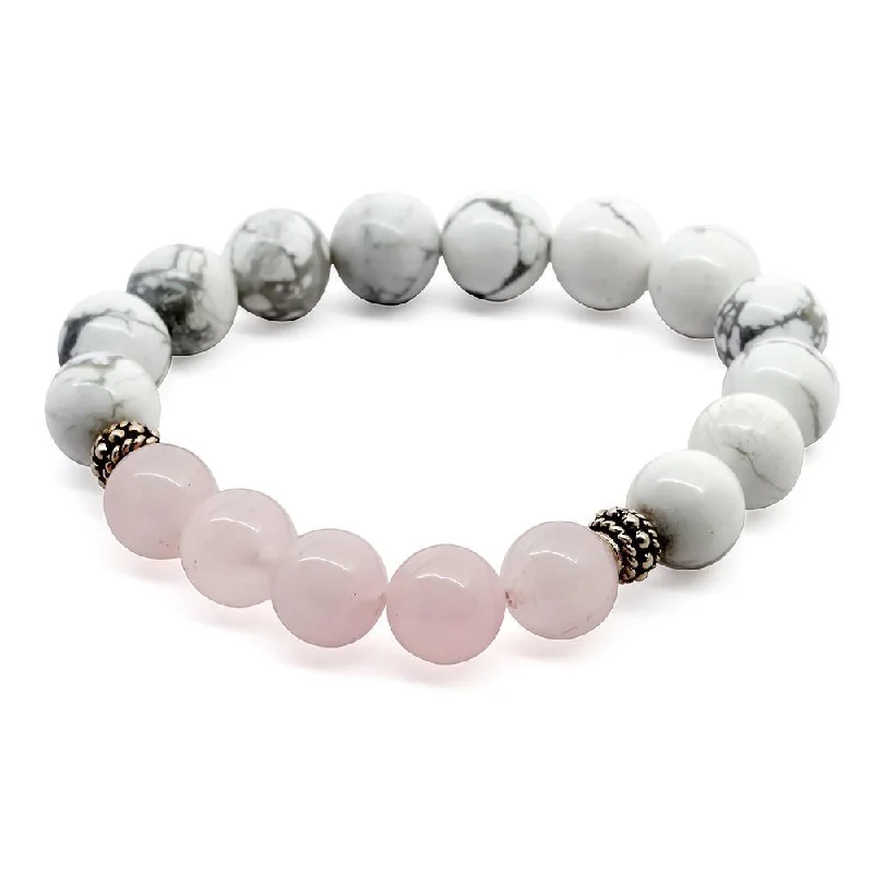 W Howlite/Rose Quartz Stretch Bracelet with Two 925 Sterling Silver Bead