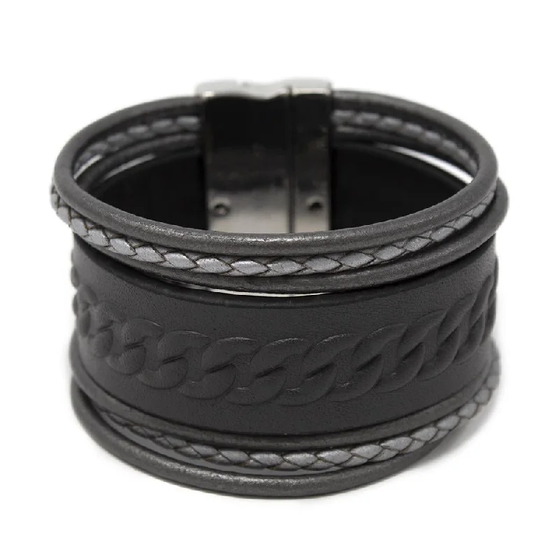 Wide Dark Grey Leather Bracelet Silver Metal