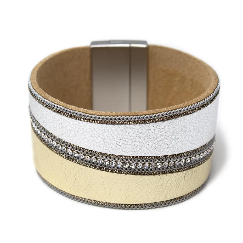 Wide Leather Bracelet Gold Silver Diagonal Look