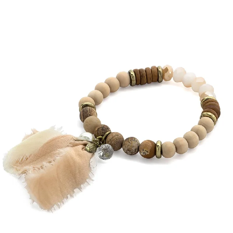 Wood Stone Stretch Bracelet Fabric Tassel Brown